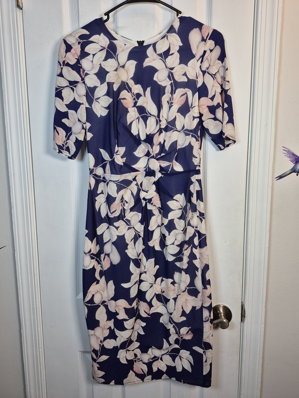 Whistles Izzey Silk Blend Floral Bodycon Midi Dress Navy Blue Blush Pink Size 4